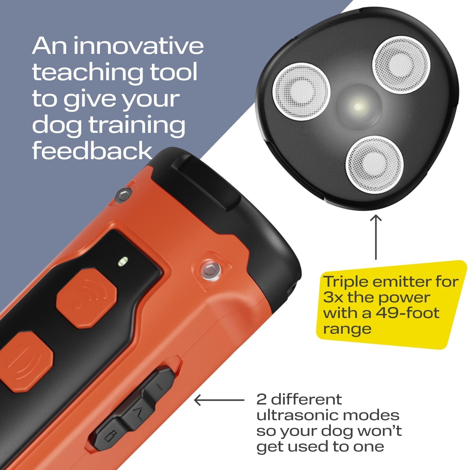 N30 Dog Barking Control Device with Triple Ultrasonic Emitter with 49 Feet Range - Ultrasonic Anti-Barking Device with Flashlight (Orange)